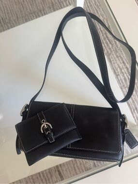 Vintage Y2K Coach Black Leather Crossbody Purse + Matching Wallet Set